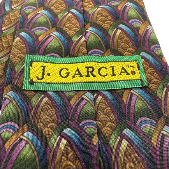 J. Garcia Silk Tie Hand Sewn USA Art Deco Brown Purple Green Blue Vintage - Picture 3 of 8